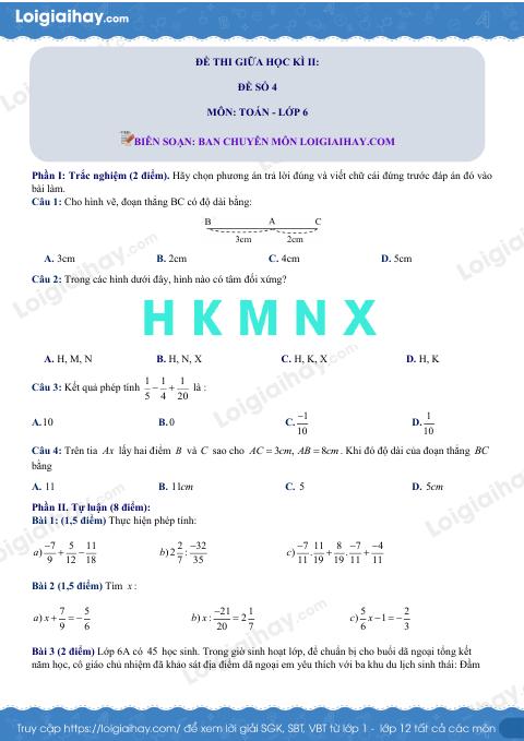 Đề thi giữa kì 2 Toán 6 - Đề số 4 - Chân trời sáng tạo
